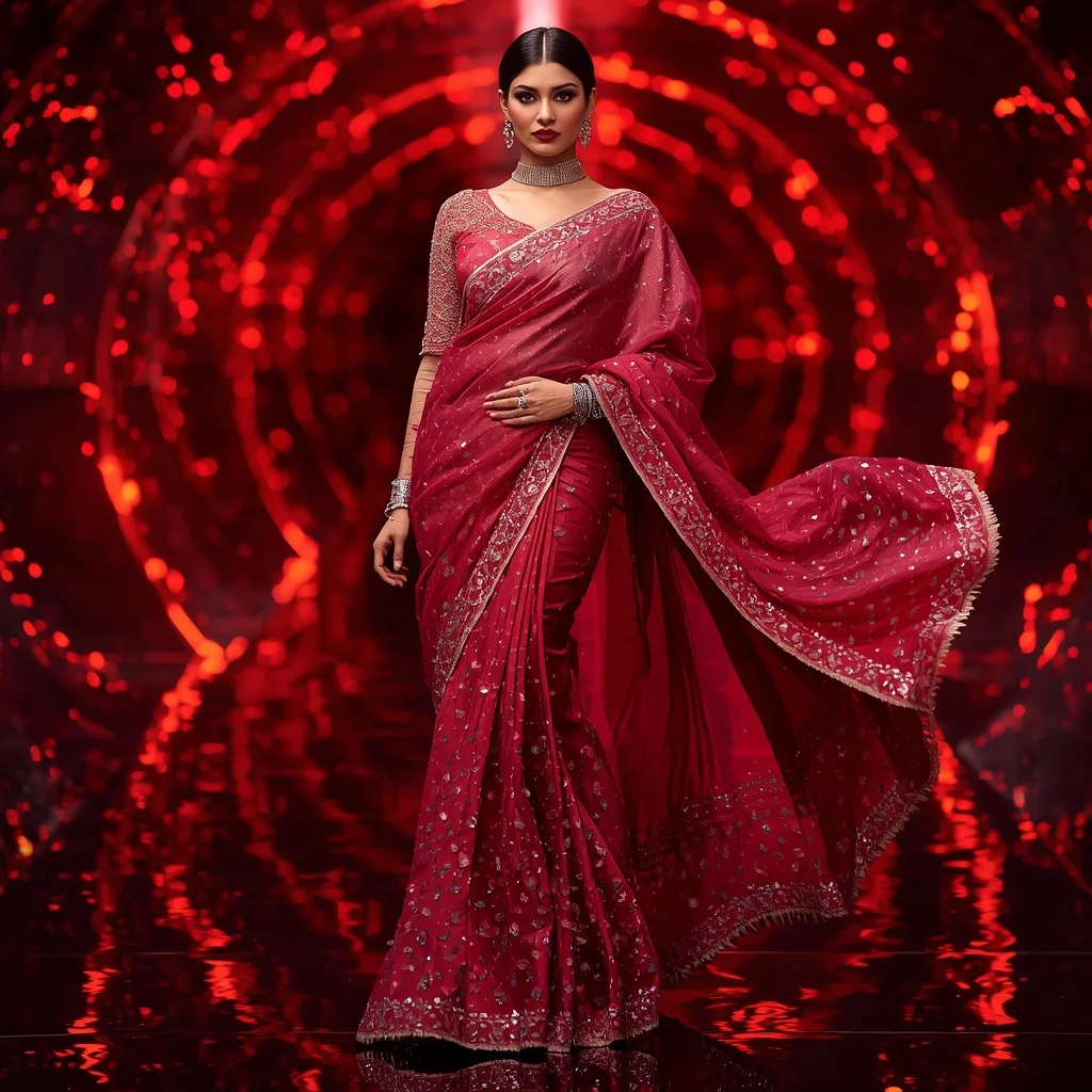 Luxury Ruby Galaxy Saree with Fierce Runway Editorial Spiral Walk and Digital Fire Reflection Tunnel Background | Prompt Seen Girl Photo Editing Chatgpt Download