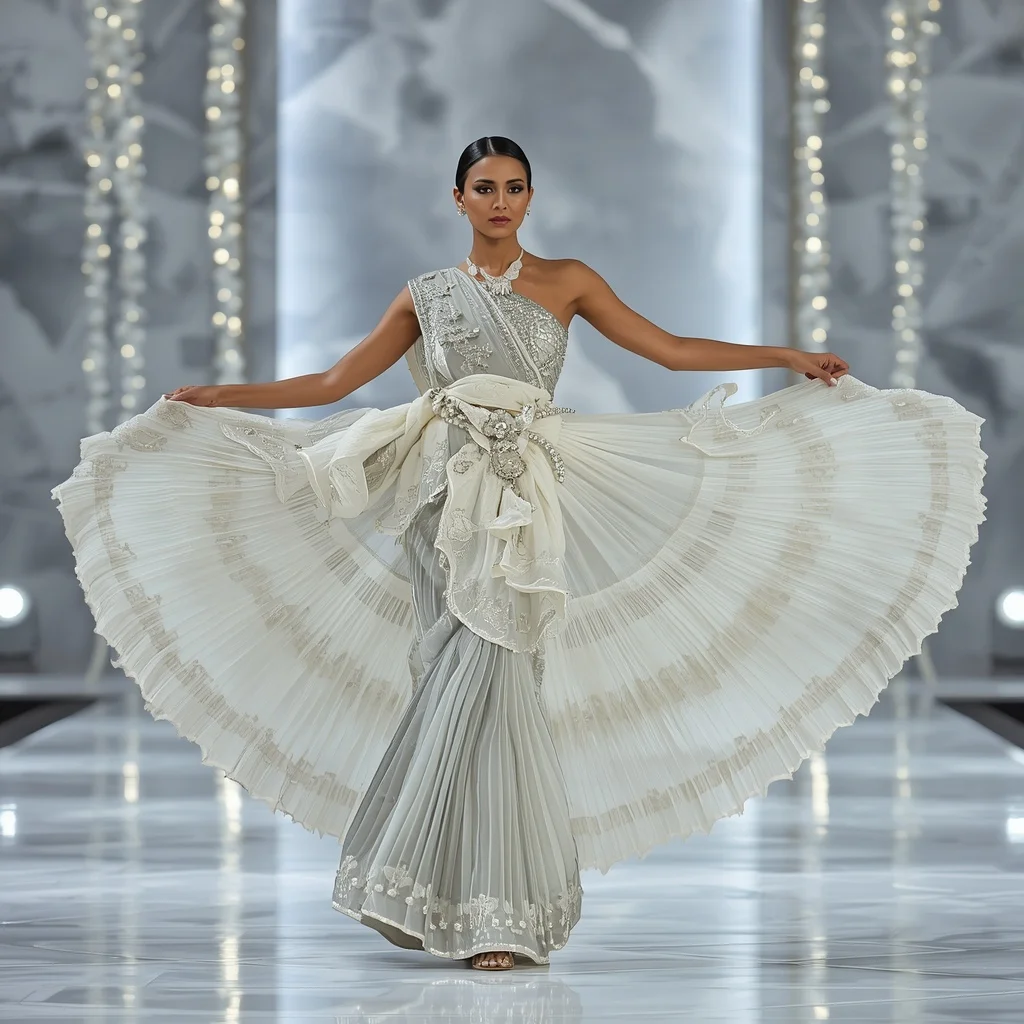 Luxury Swan Crystal Garden Saree with Floating White Plaza | Image Prompt