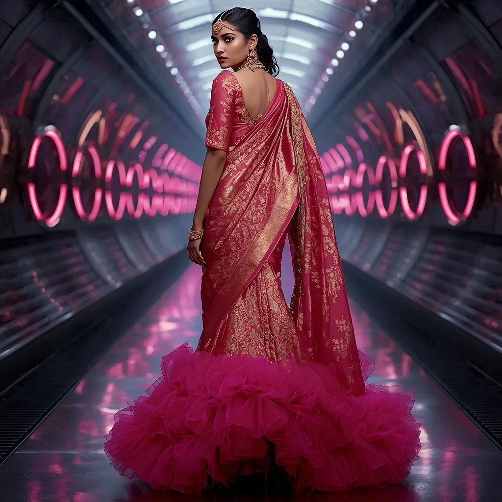 Magenta and Gold Heavy Brocade Saree with Ruffled Tulle Hem | Free Ai Prompt