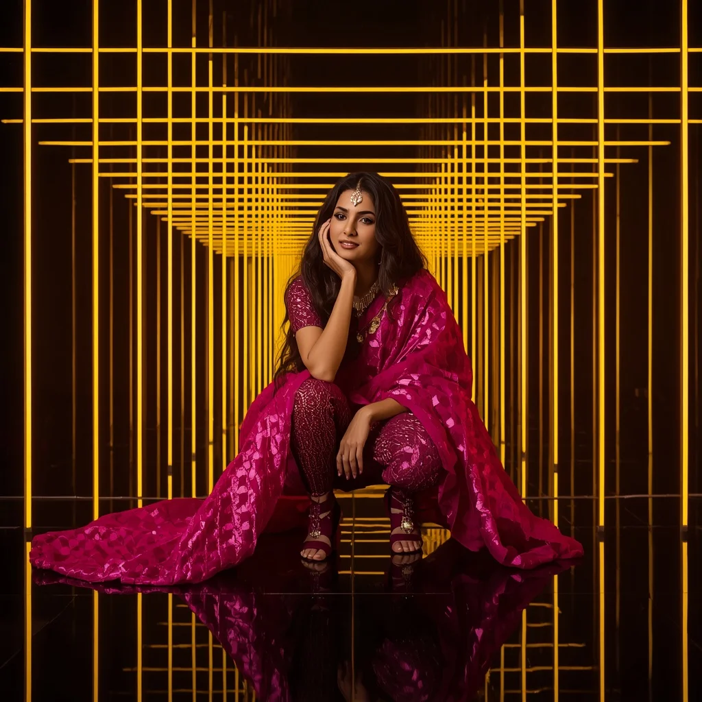 Magenta Geometric Weave Saree – High-Fashion Squat with Yellow LED Tunnel | Gemini Ai Prompt Copy Paste