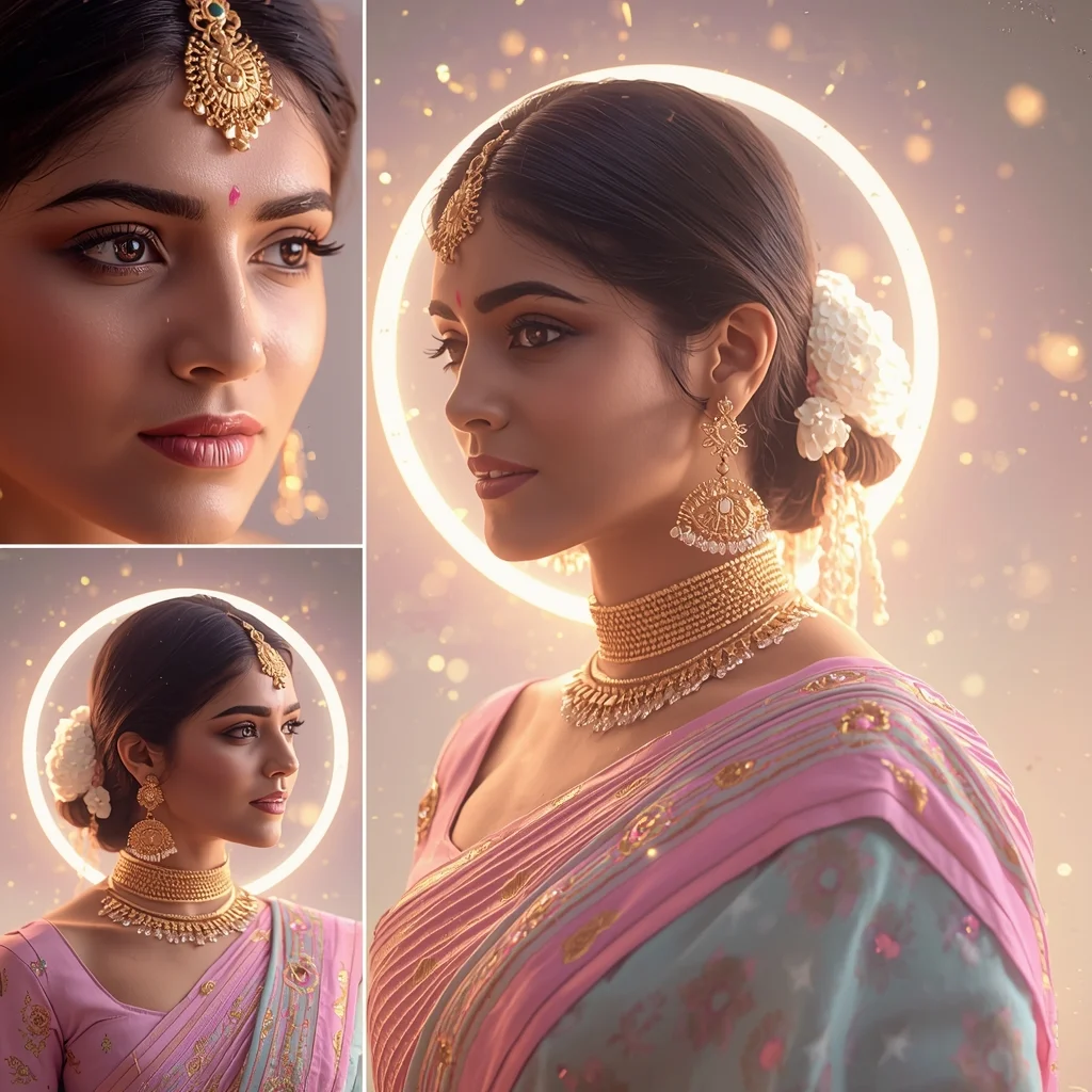 Magical Luxury Pastel Saree Image Prompt for Women with Starlight Halo Enchantment and Royal Vibes | Saree Ai Prompt