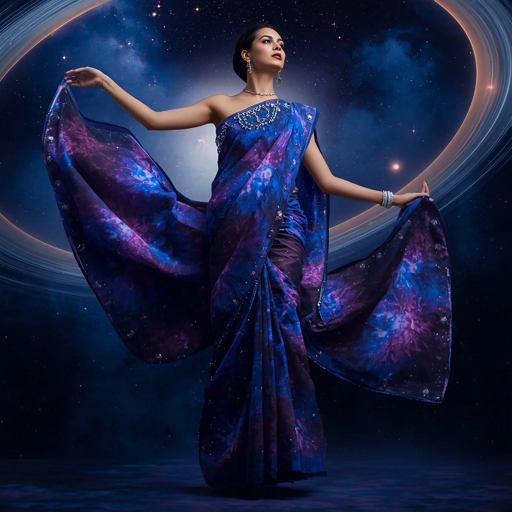 Magnetic Nebula Coil Saree with Orbit Compression Dome | Bridal Ai Prompt