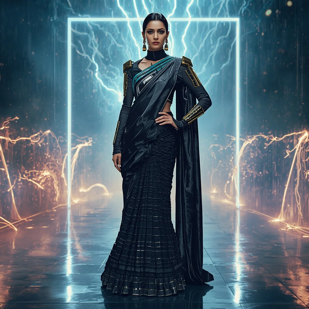 Magnetic Wave Armor Saree with Neon Energy Storm Field | Copy Paste Ai Prompt
