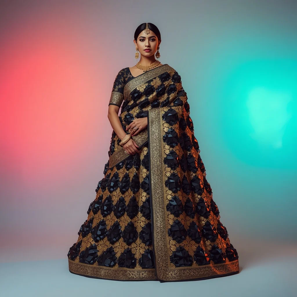 Massive Layered 3D Geometric Obsidian and Gold Filigree Heavy Saree | Prompt For Gemini Saree