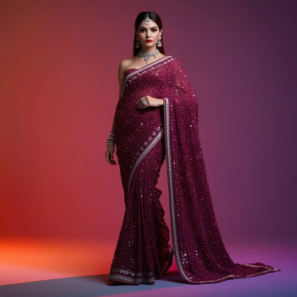 Massive Ruby Crust and Giant Diamond Mesh Heavy Velvet Saree | Character Design Ai Prompt