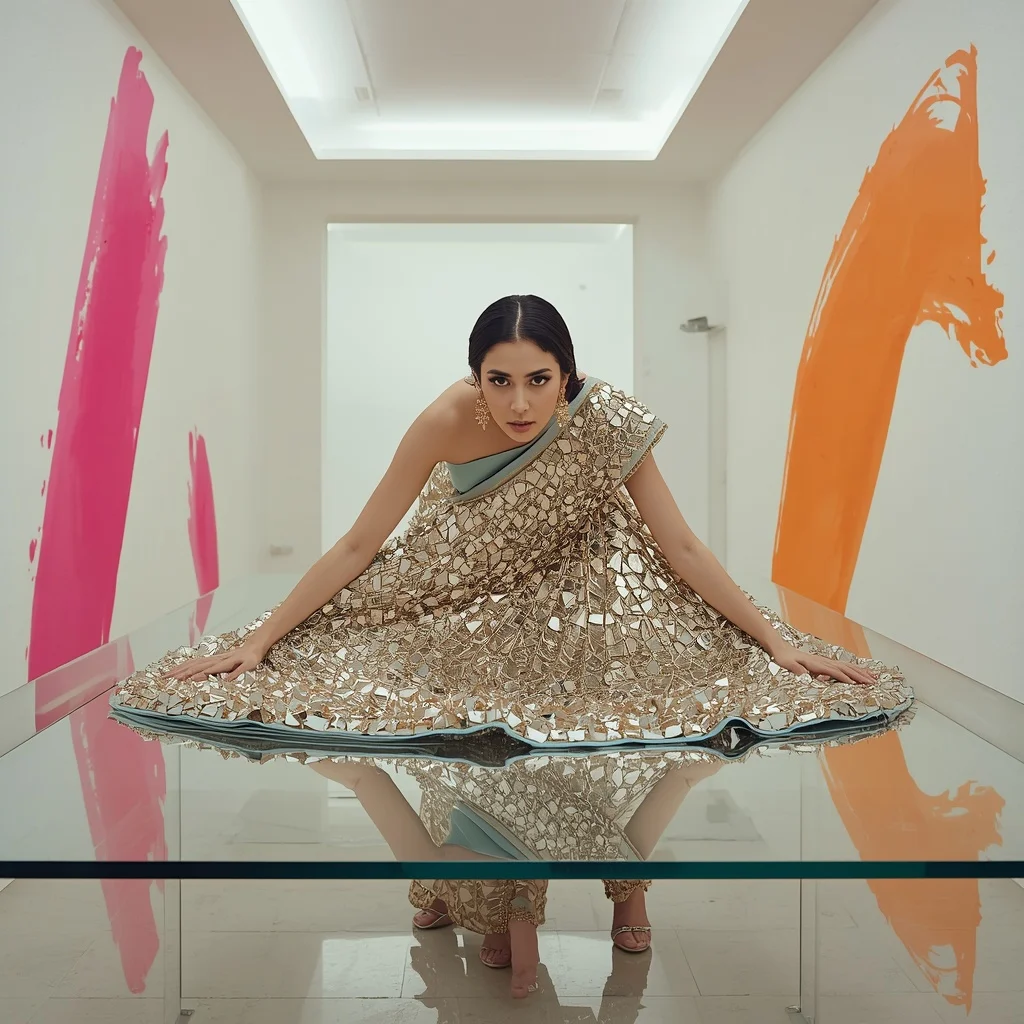 Massive Shattered Mirror & Heavy Zardozi Pastel Sky Blue Saree | Forward Lean Clear Table Pose | Profile Picture Ai Prompt