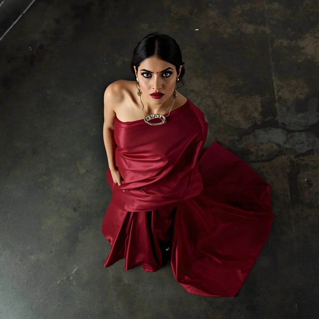 Matte Crimson Latex-Silk Saree – Dramatic Overhead Angle with Brutalist Concrete | Instagram Model Ai Prompt