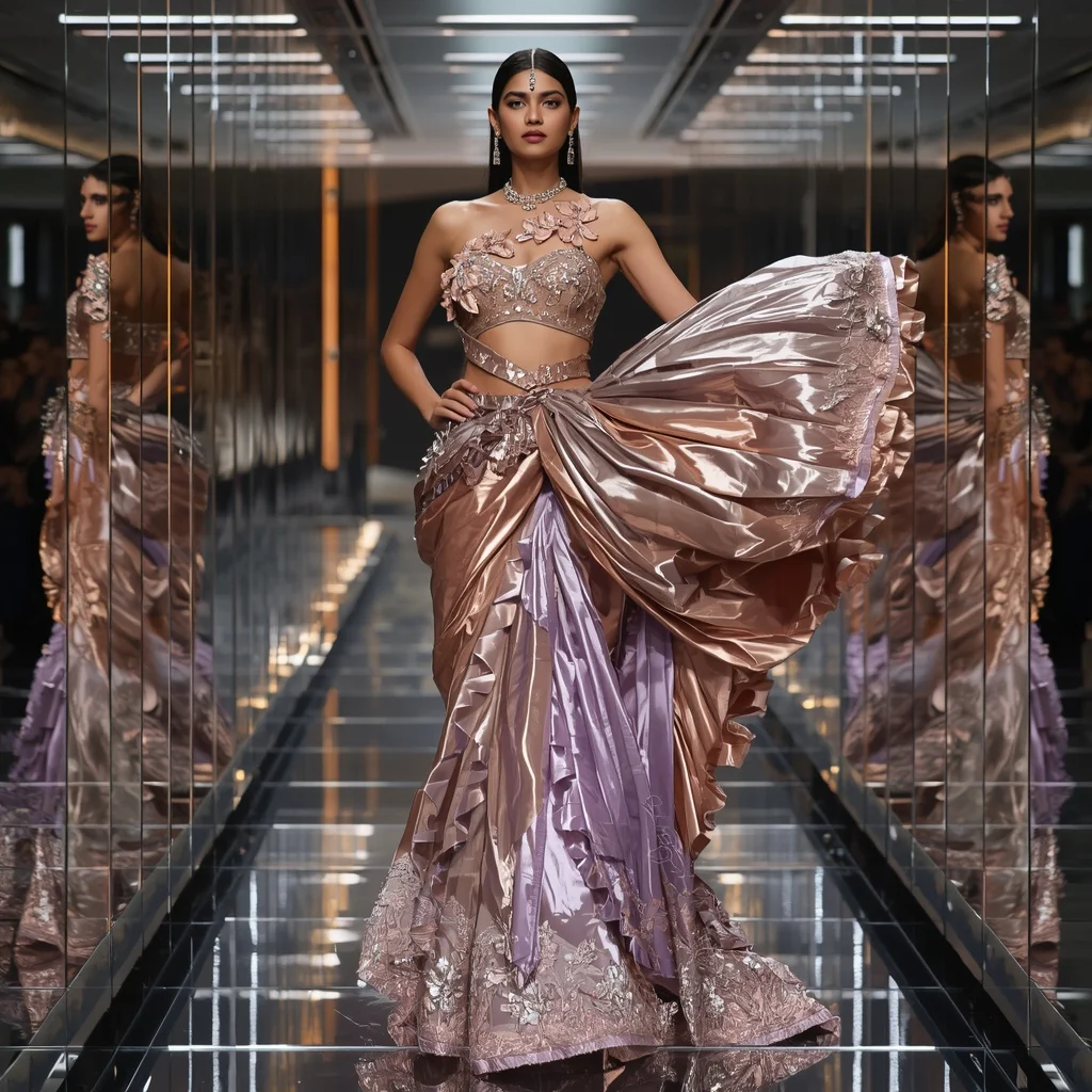 Metallic Blossom Ribbon Saree with Infinity Mirror Corridor | Creative Ai Prompt