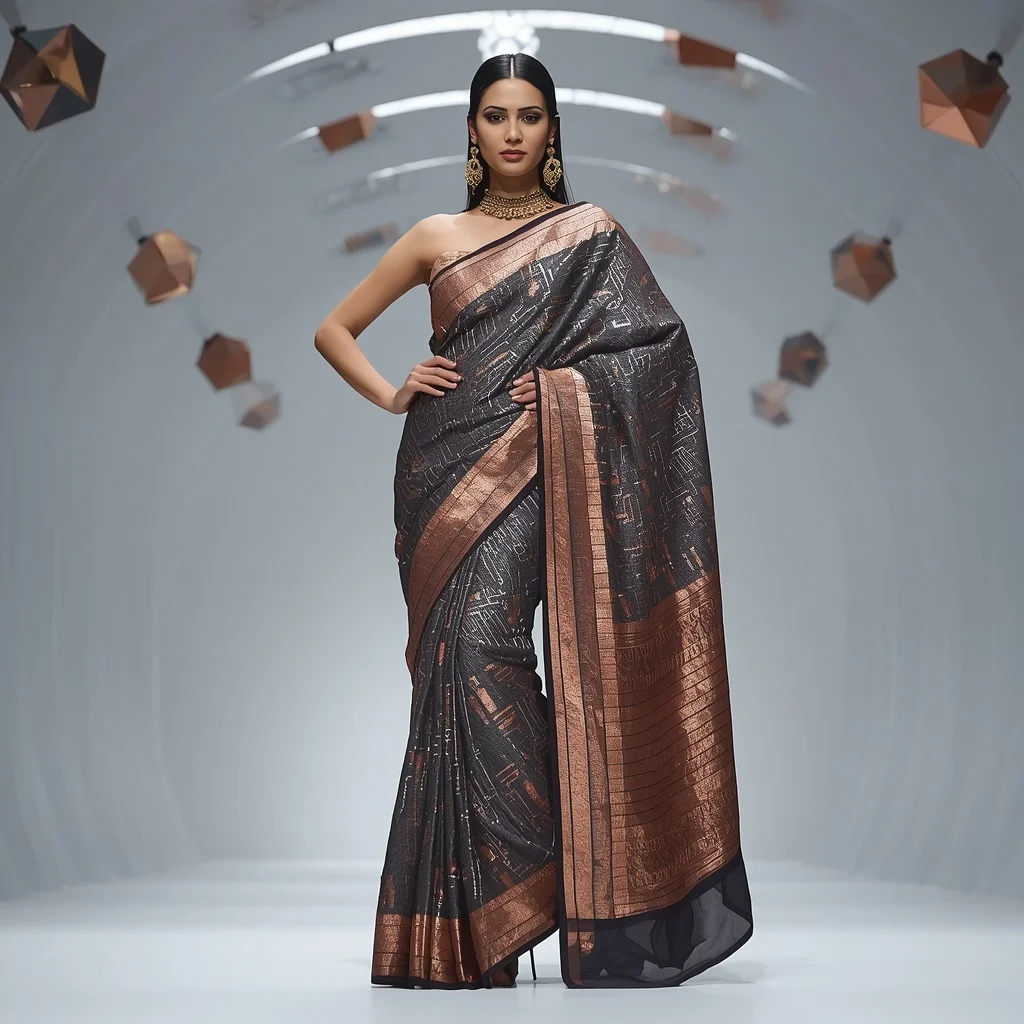 Metallic Charcoal and Copper Circuit Saree in Prism Hall | Image To Prompt