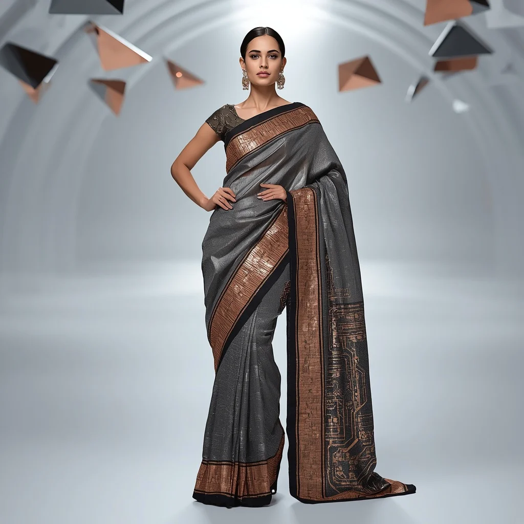 Metallic Charcoal and Copper Circuit Saree with Floating Prism Hall | Fashion Ai Prompt
