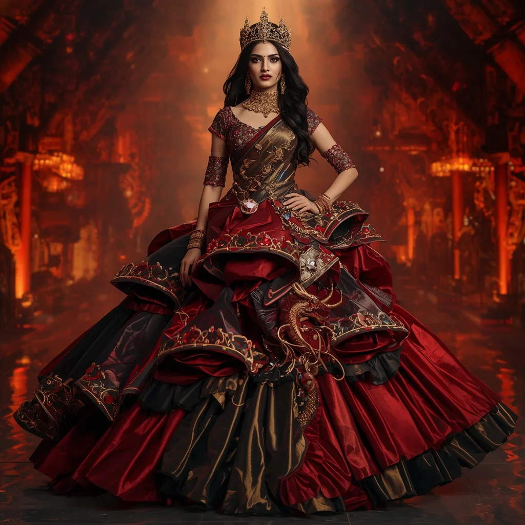 Metallic Dragon Crown Observatory Saree with Inferno Palace Empire | Instagram Prompt For Traditional Look For Girl