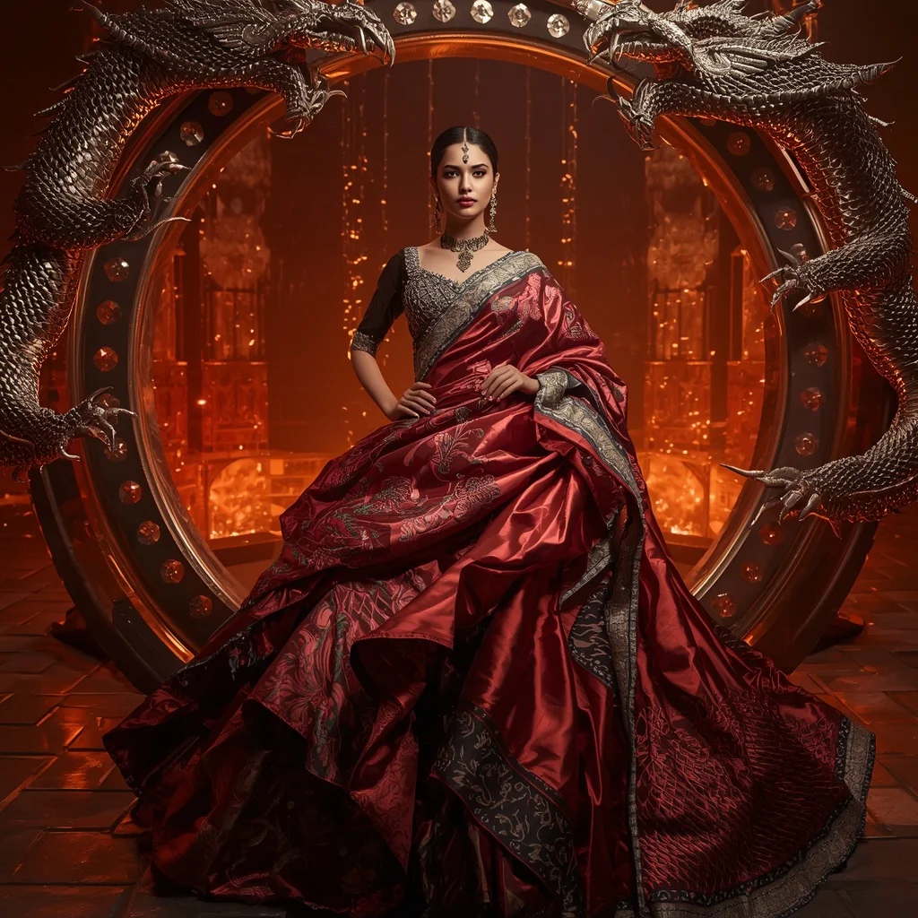 Metallic Dragon Infinity Ring Saree with Inferno Palace Fortress | Gemini Ai Photo Prompt Copy Paste