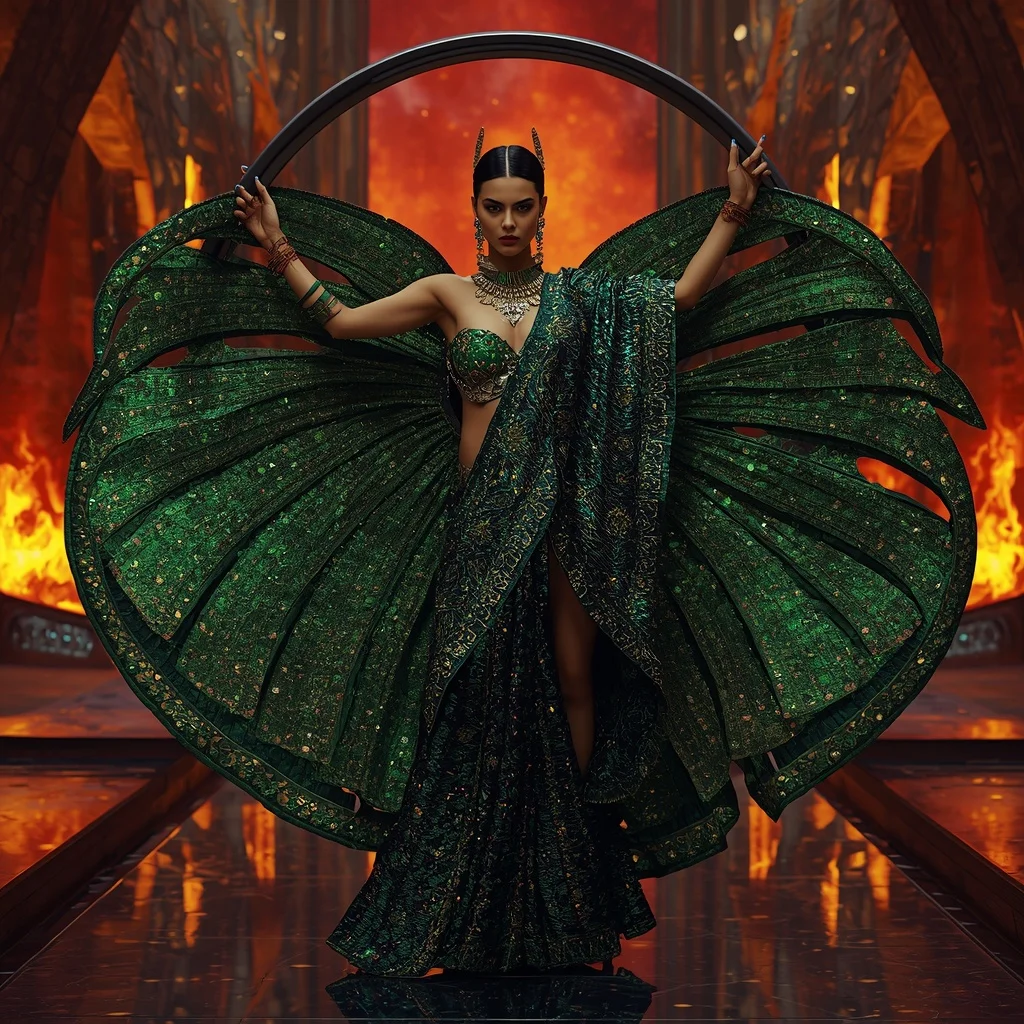 Metallic Dragon Solar Flame Saree with Neon Fire Palace | Hyperrealistic Woman Portrait Prompt