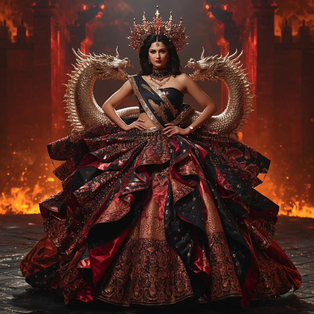Metallic Dragon Spiral Crown Saree with Inferno Fortress Kingdom | Prompt For Traditional Look For Couple