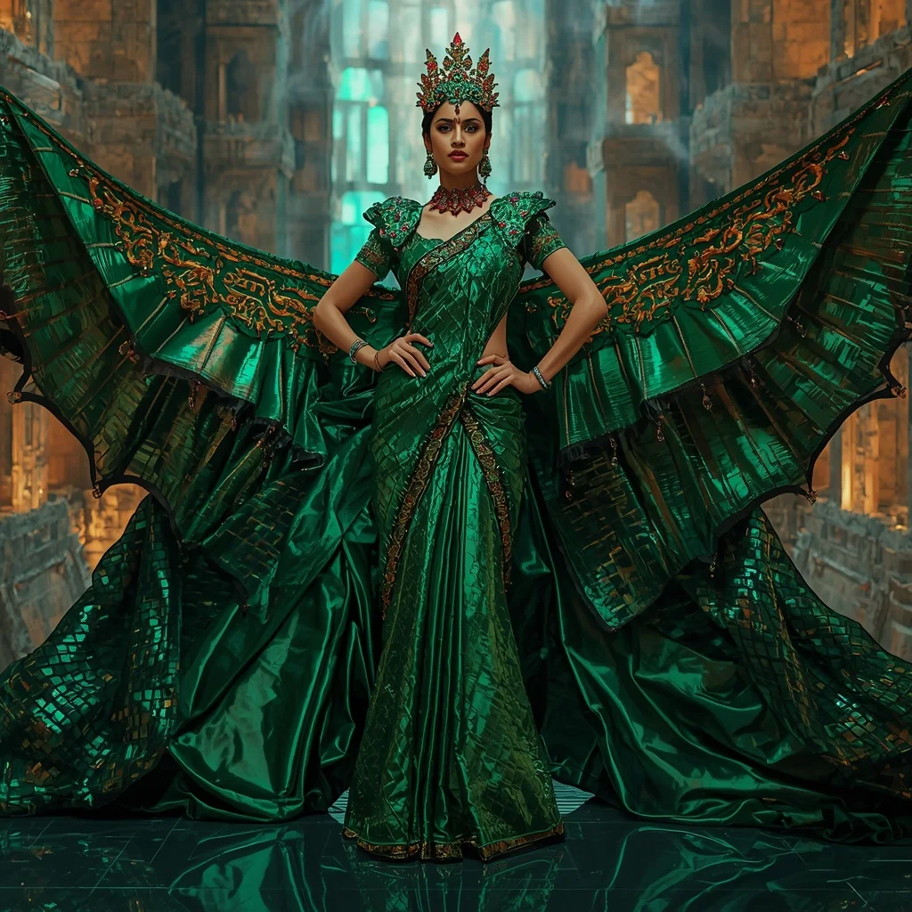 Metallic Emerald Dragon Crown Kingdom Saree with Jewel Fortress Citadel | Ai Portrait Prompt