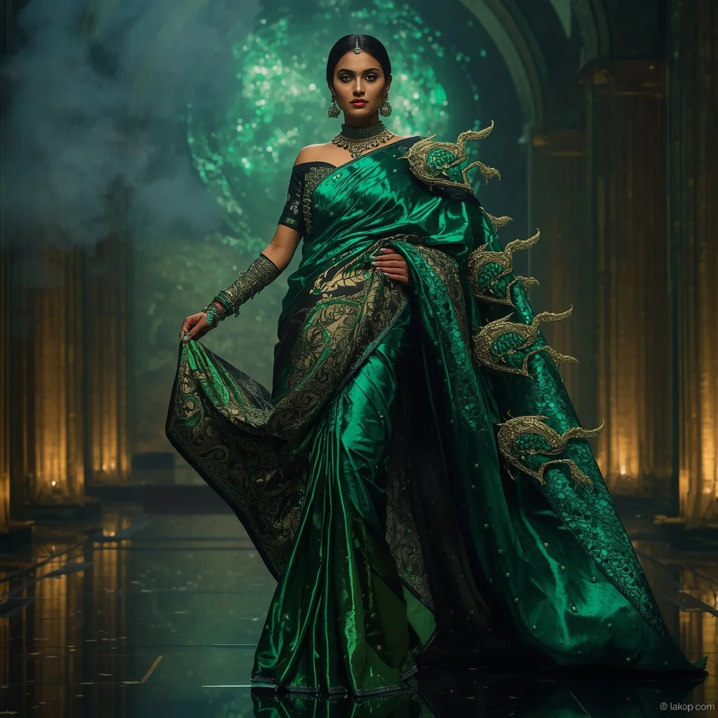 Metallic Emerald Dragon Nebula Saree with Jewel Fortress Empire | Cinematic Ai Prompt