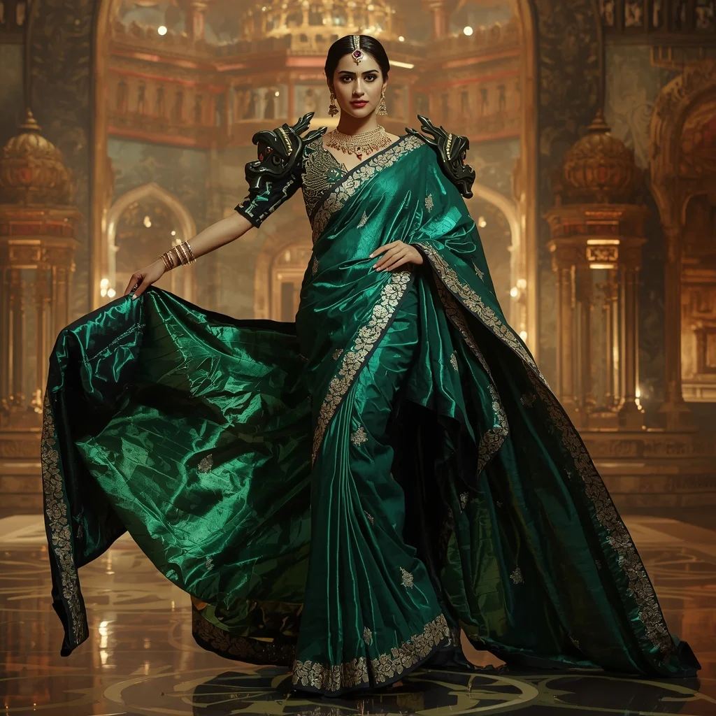 Metallic Emerald Dragon Observatory Saree with Jewel Fortress Palace | Fashion Ai Prompt