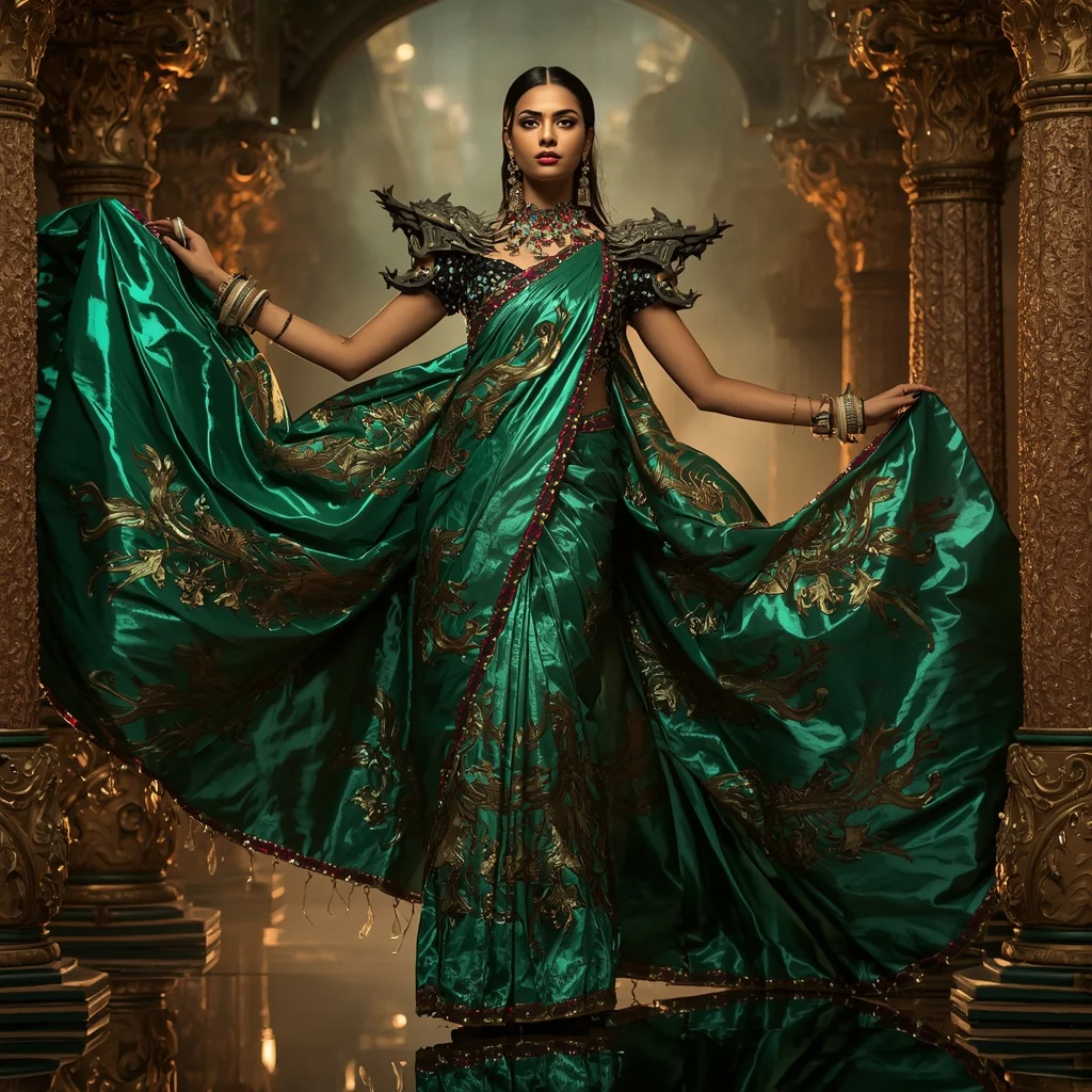 Metallic Emerald Dragon Temple Saree with Jewel Fortress Empire | New Instagram Trend Prompt For Girl Love