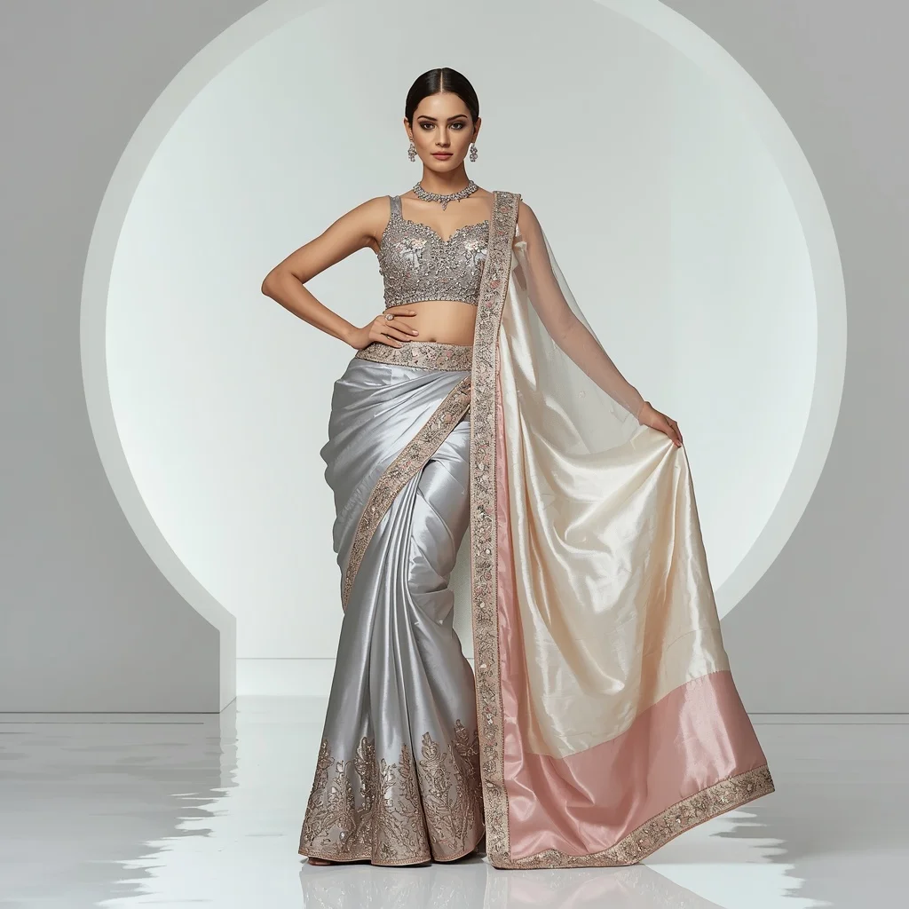 Metallic Floral Palace Saree with Modern White Gallery | Prompt For Gemini Ai Girl Model Instagram