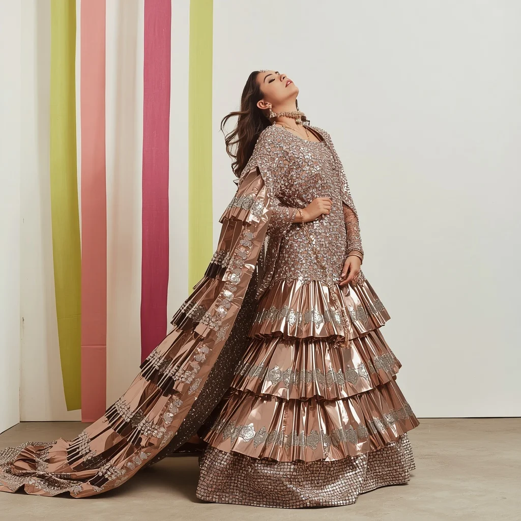 Metallic Foil Plate & Heavy Kundan Armor Pastel Rose Gold Saree | Sideways Drag Glare Pose | Viral Instagram Ai Prompt