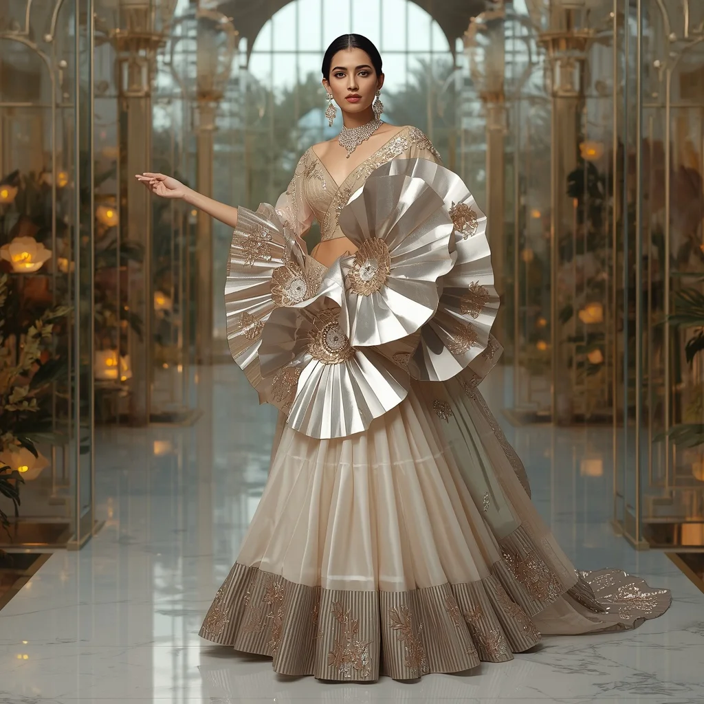 Metallic Magnolia Fan Saree with Luxury Glass Conservatory | Prompt For Traditional Look For Girl Copy Paste