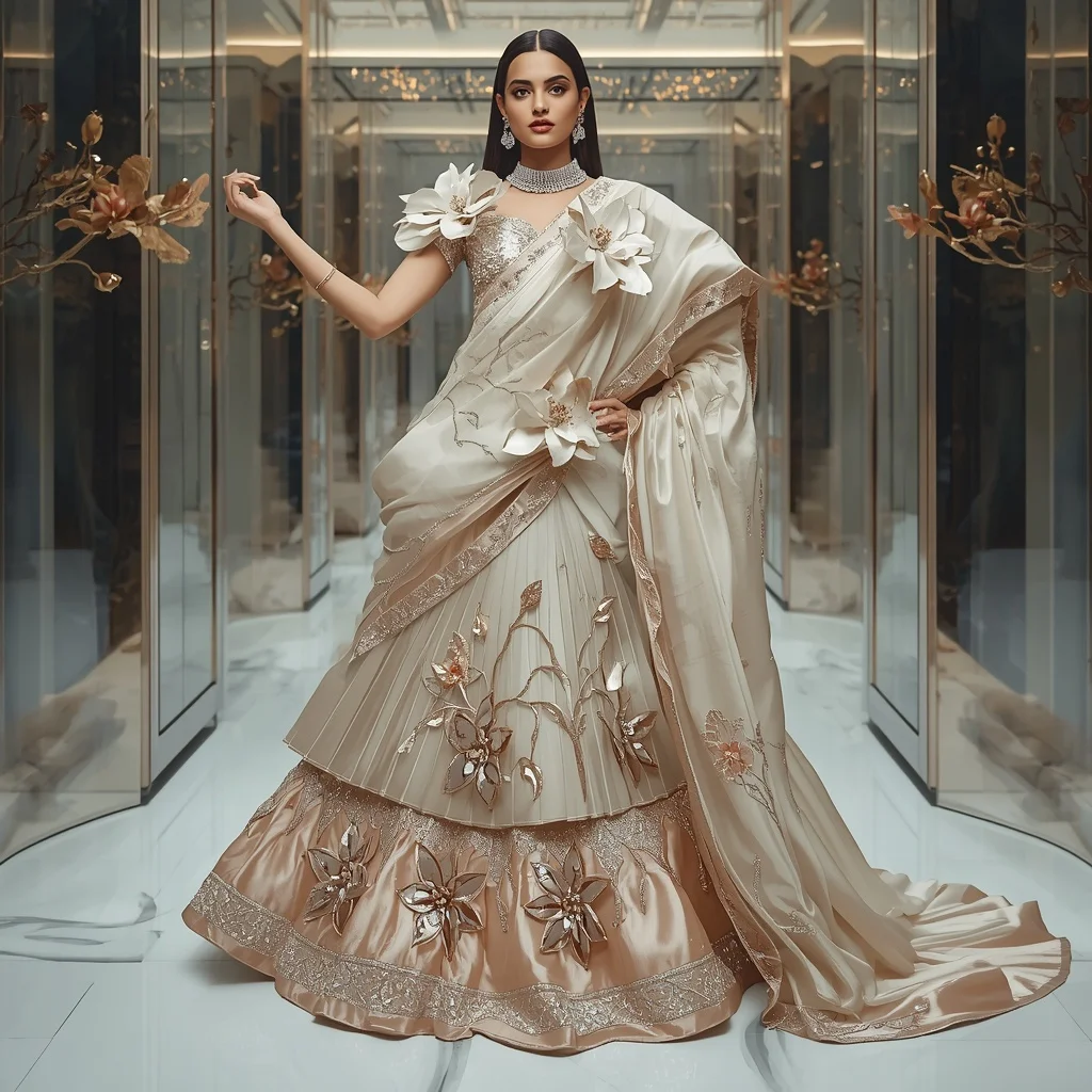 Metallic Magnolia Palace Saree with Luxury Glass Atrium | Prompt Gemini