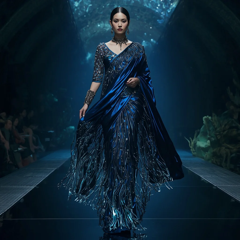 Metallic Ocean Abyss Saree with Deep Sea Gravity Flow | Bridal Ai Prompt