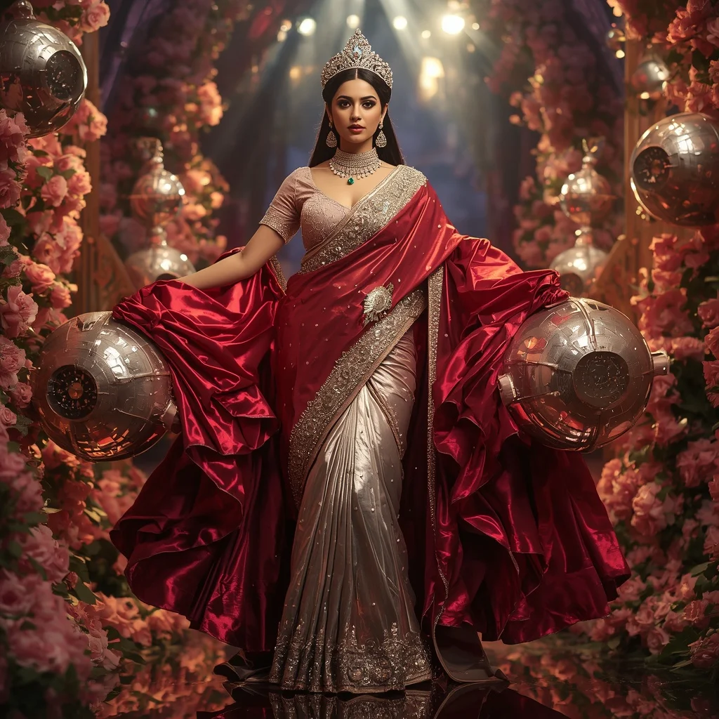 Metallic Rose Crown Observatory Saree with Floral Royal Empire | Gemini AI Photo Prompt Copy Paste Trending Girl 2026