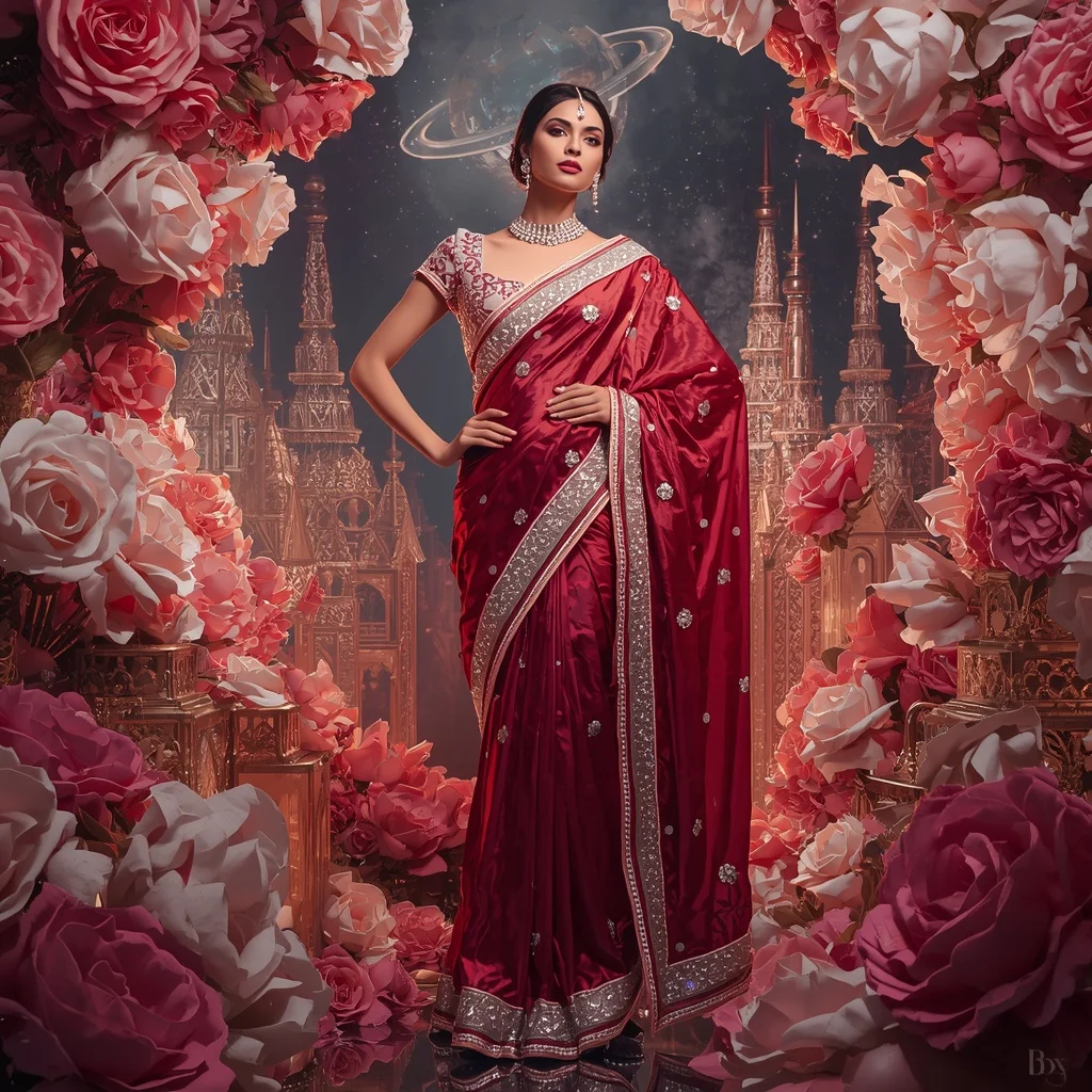 Metallic Rose Diamond Temple Saree with Floral Royal Universe | Cute Girl Ai Prompt