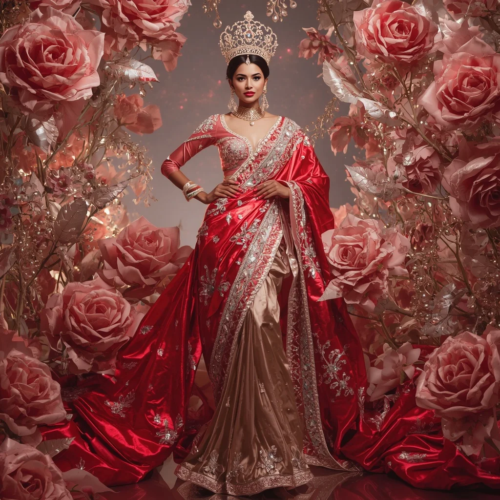 Metallic Rose Galaxy Crown Saree with Floral Royal Universe | Gemini Ai Photo