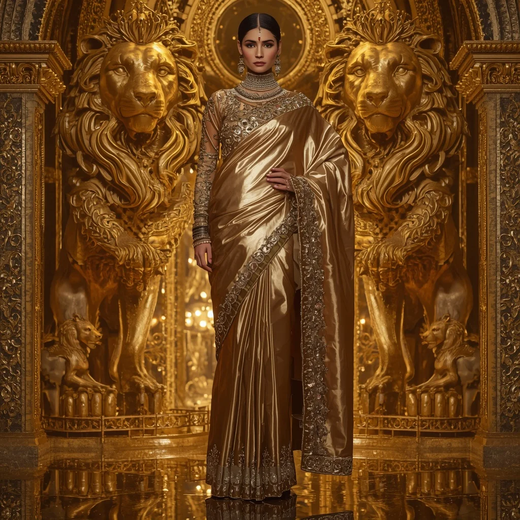 Metallic Royal Lion Fortress Saree with Imperial Golden Kingdom | 3d Animation Ai Prompt