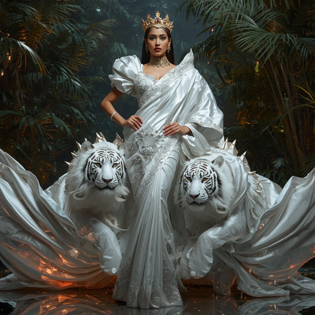 Metallic Royal White Tiger Crown Saree with Imperial Jungle Kingdom | Viral Ai Image Prompt