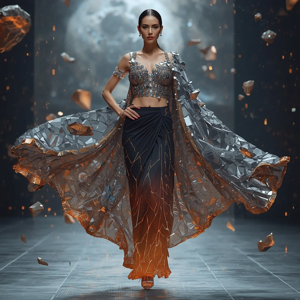 Meteor Shard Saree with Falling Space Crystal Drapes | Google Prompt