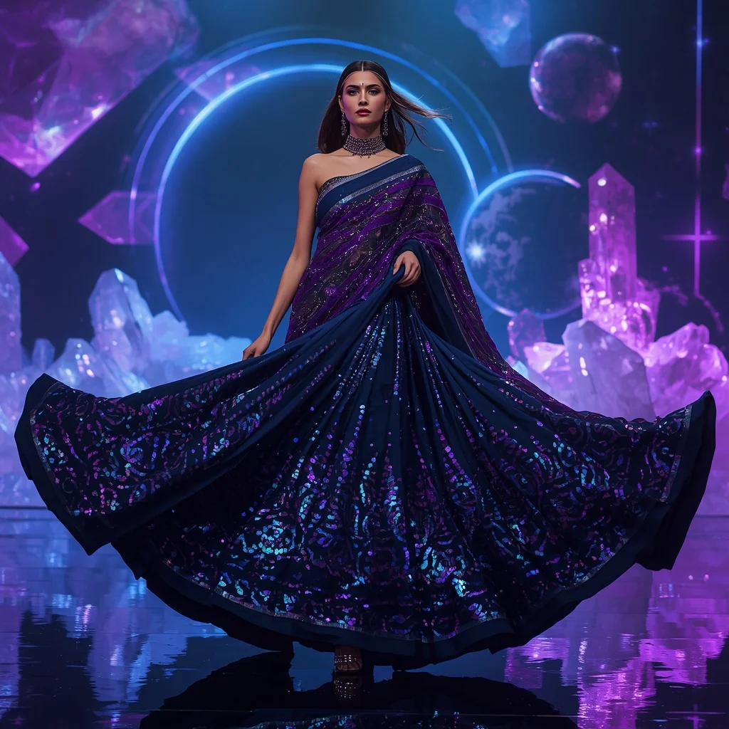 Midnight Aurora Mirage Saree with Floating Crystal Orbit Dimensions | Prompt For Traditional Look For Girl ChatGPT