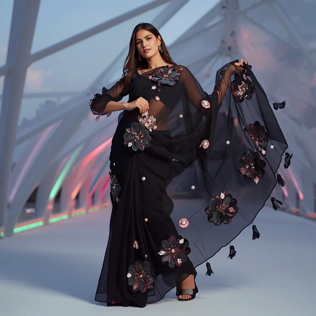 Midnight Black Saree with LED 3D floral accents | Instagram Girl Gemini Prompt