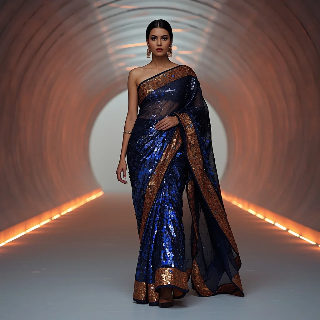 Midnight Blue Foil and Amber Glass Saree with Continuous Curve Corridor | Gemini Prompt