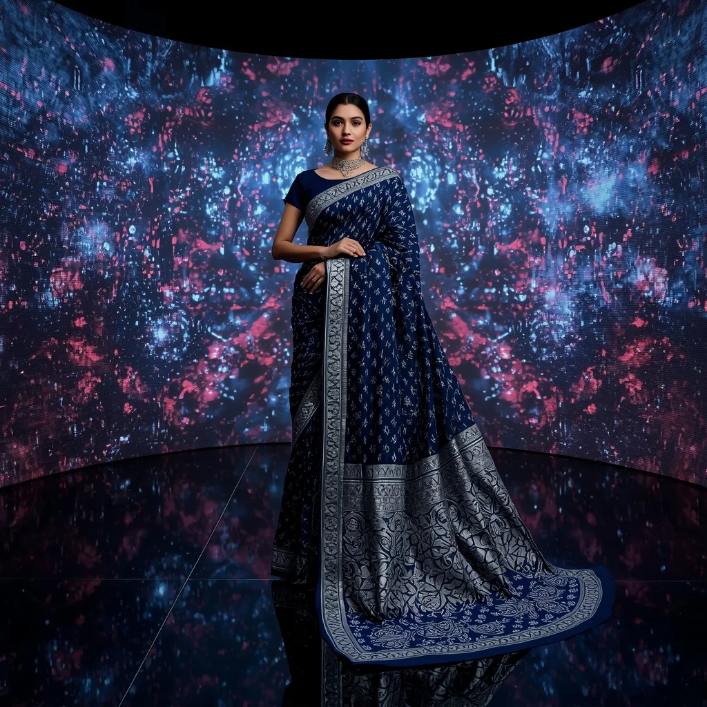 Midnight Blue Heavy Zardosi Starry Night Pattern Festive Saree | 3d Animation Ai Prompt