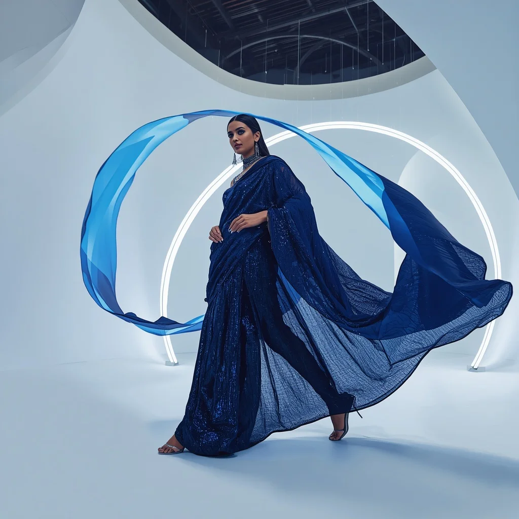 Midnight Cobalt and Chrome-Frame Saree with Floating Arc Lights | Prompt Seen Girls AI Photo Editing