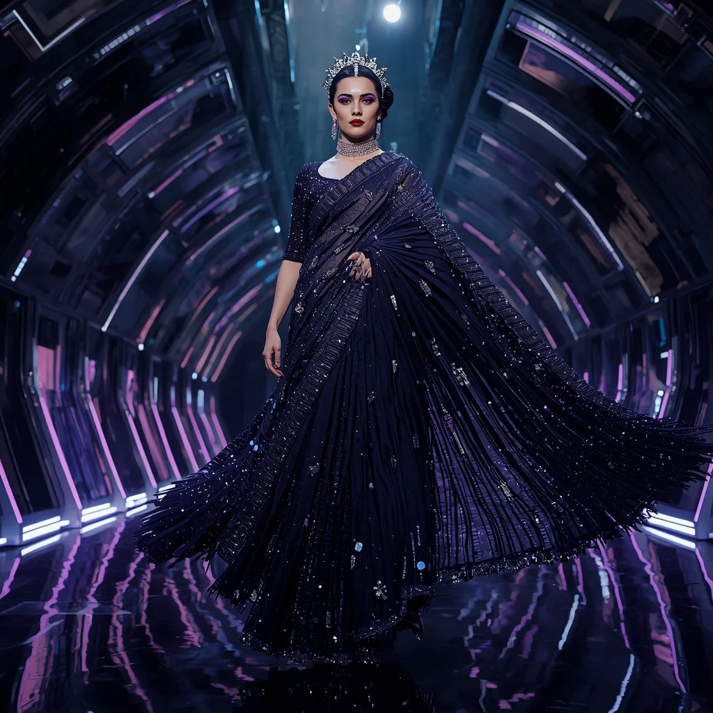 Midnight Cosmos Queen Saree with Noir Crystal Infinity Megafortress | Trending Prompt Girls ChatGPT