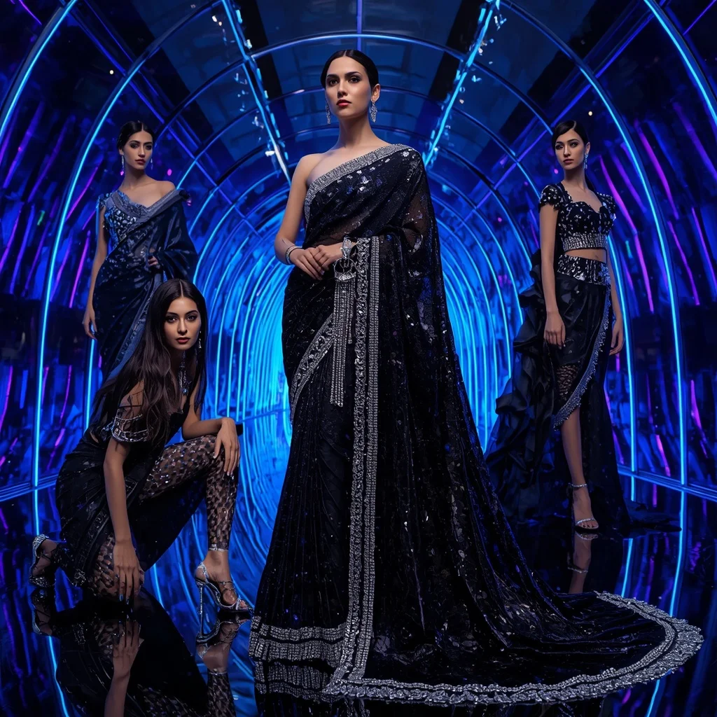 Midnight Crystal Nova Saree with Infinity Neon Prism Fortress | Stable Diffusion Prompt