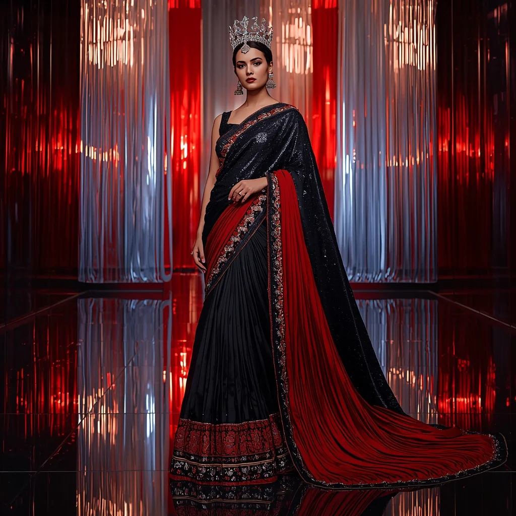 Midnight Ember Empress Saree with Floating Neon Curtains | Prompt For Traditional Look For Girl South Indian