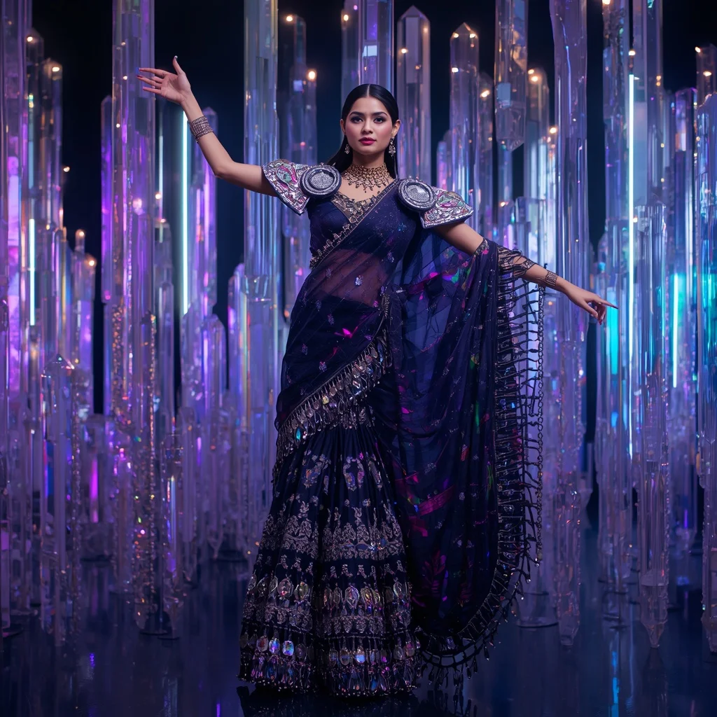 Midnight Galaxy Prism Saree with Floating Halo Crystal Palace | Bridal Ai Prompt