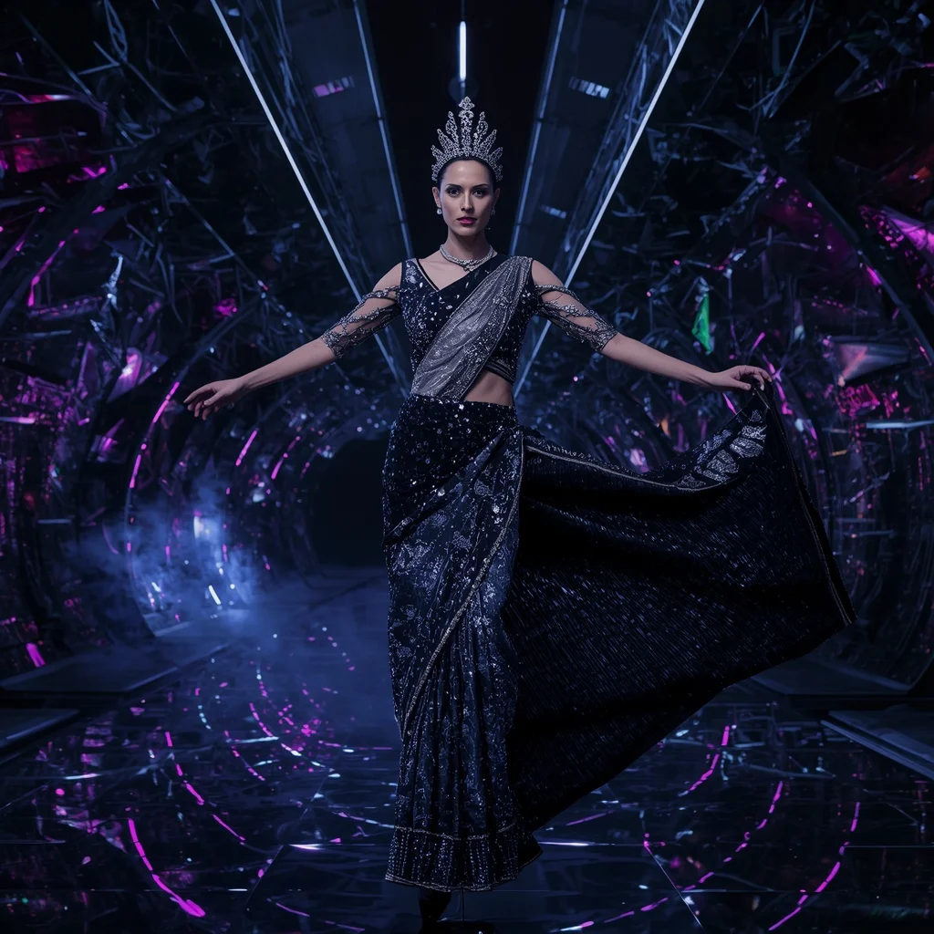 Midnight Nebula Crown Saree with Noir Crystal Infinity Megafortress | Prompt For Traditional Look For Girl