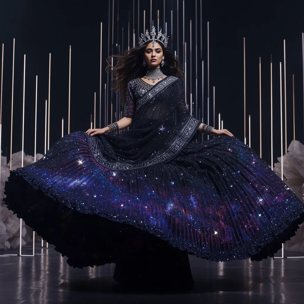 Midnight Nebula Maharani Saree with Cosmic Crystal Universes and Galaxy Crown Citadel | Photo Prompt