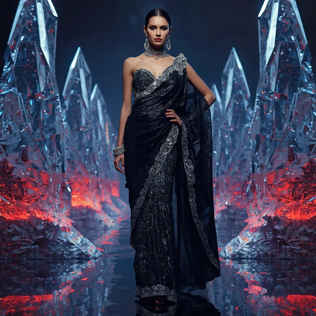 Midnight Obsidian Phoenix Saree with Neon Crystal Volcano Fortresses | Prompt For Gemini Girl Style Trending