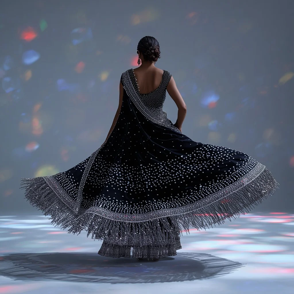 Midnight Onyx Velvet Saree with Massive Crystal Fringe Overload | Instagram Post Ai Prompt