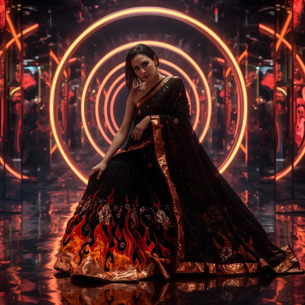 Midnight Phantom Flame Saree with RGB Orbit Arena | Instagram Model Ai Prompt