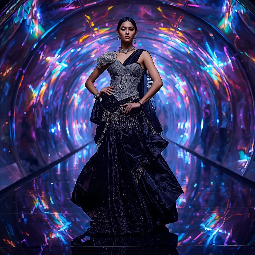 Midnight Prism Fantasy Saree with Infinity Crystal Reflection Dome | Prompt Seen Girls AI Photo Editing