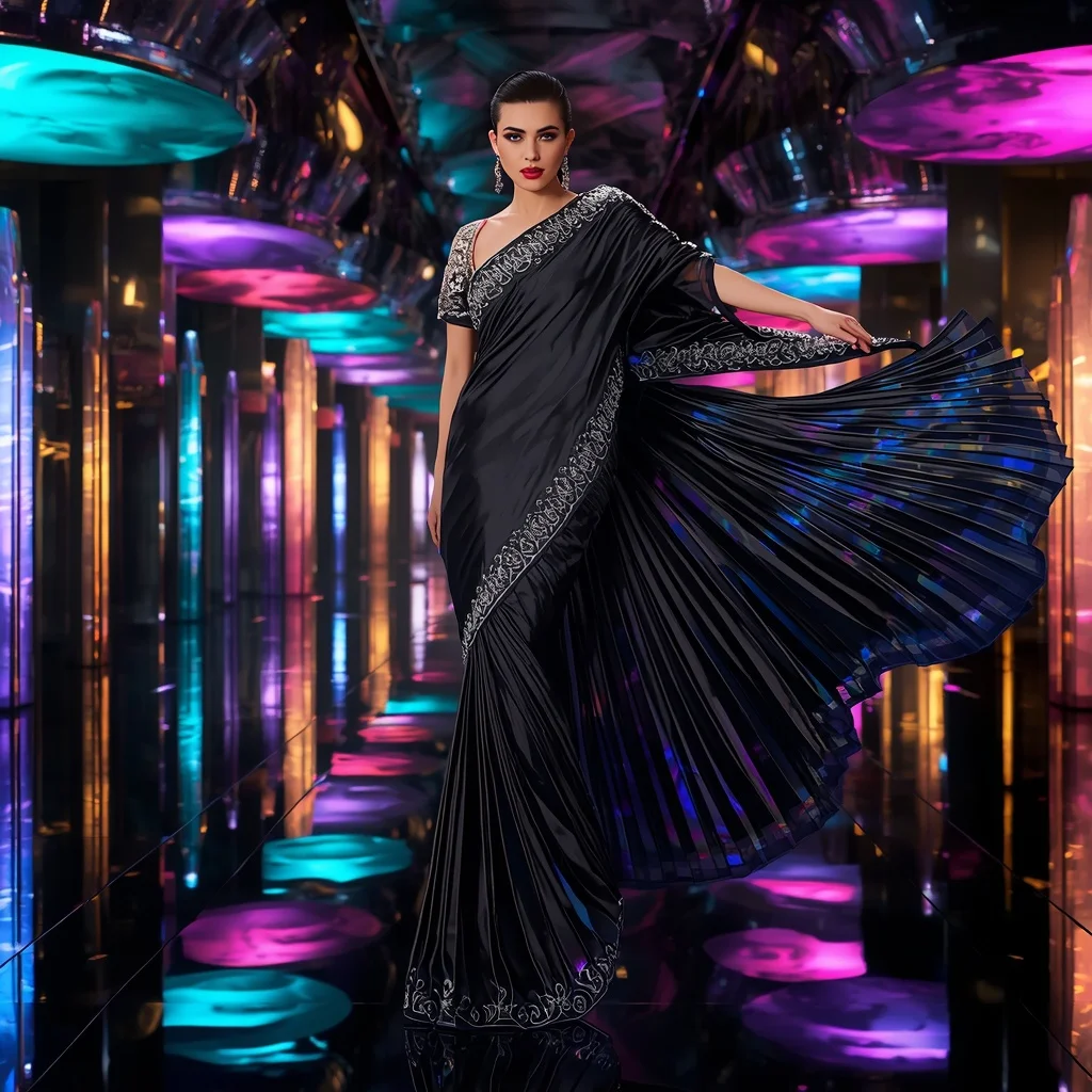 Midnight Prism Saree with Floating Aurora Reflection Bridges | Fashion Ai Prompt