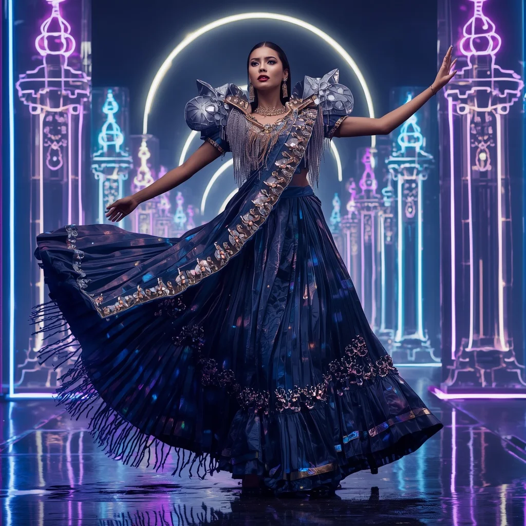 Midnight Thunder Crystal Saree with Floating Halo Neon Palace | Prompt For Saree For Wedding